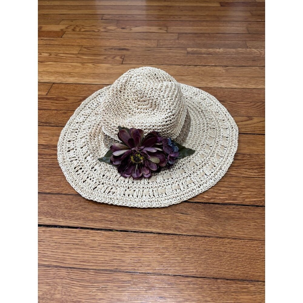 Vintage Toucan Collection Floral Straw Boater Hat Women's One Size Wide Brim